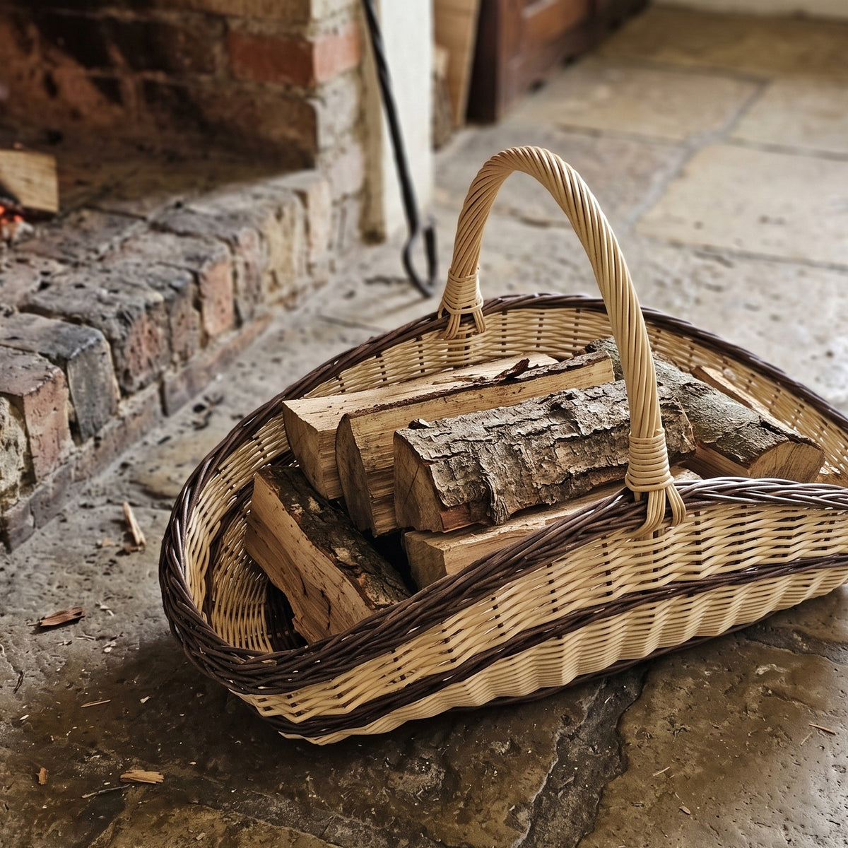 Handwoven willow garden trug used as a log basket, filled with split firewood on a stone floor beside a brick hearth.