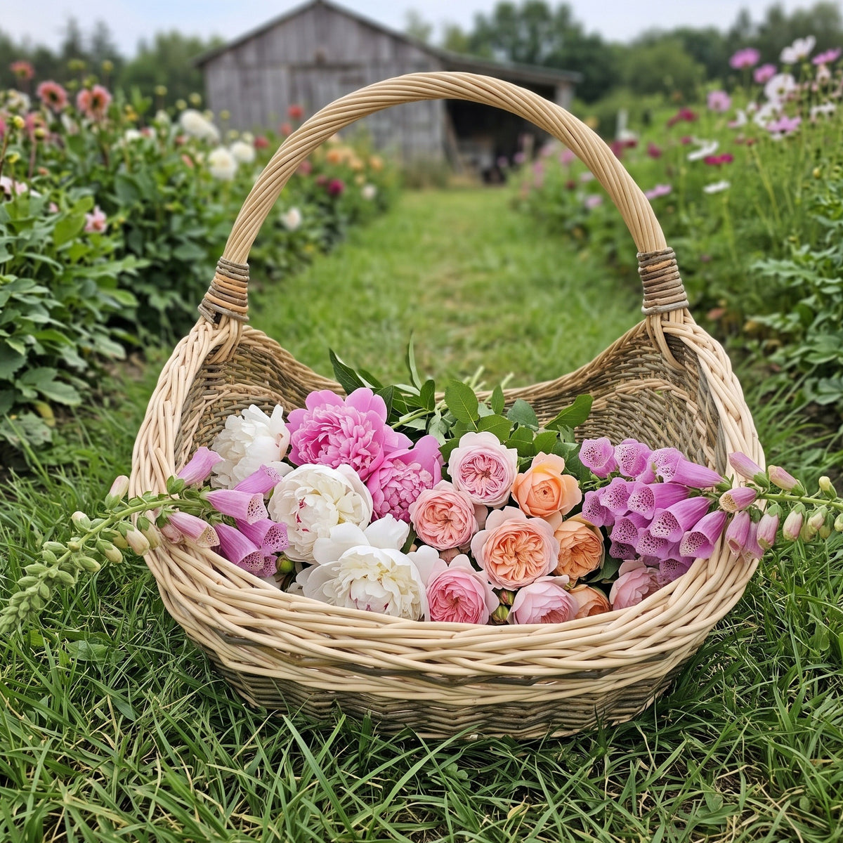 Willow garden trug with a high handle filled with peonies, garden roses and foxgloves on a grass path between flower beds in a cut flower garden