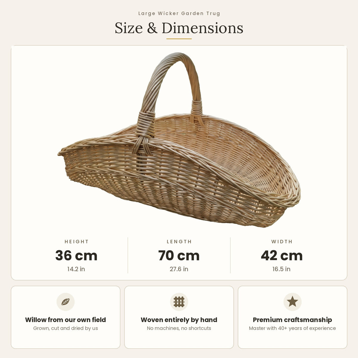 Size chart for the large wicker garden trug with handle showing 36 cm height, 70 cm length and 42 cm width