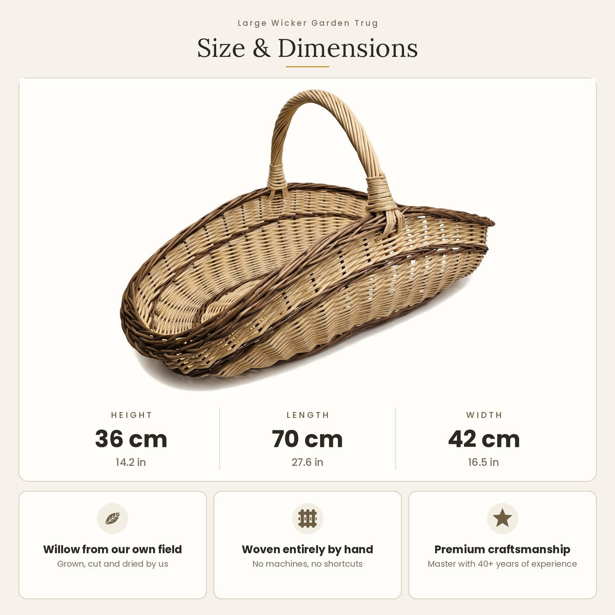 Size chart for the large wicker garden trug showing 36 cm height, 70 cm length and 42 cm width.