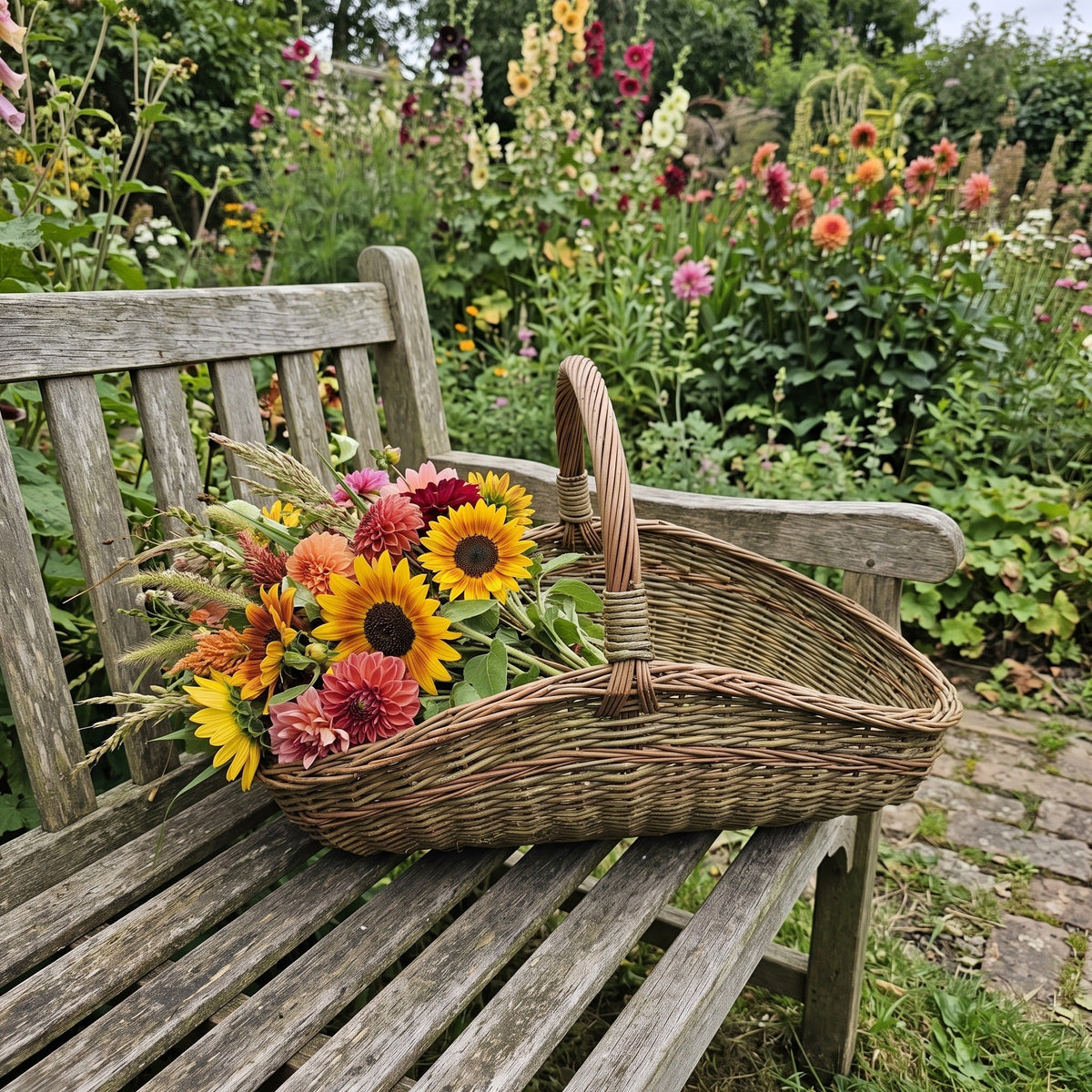 Large willow garden trug holding sunflowers, dahlias and dried grasses on a weathered garden bench by a flower border