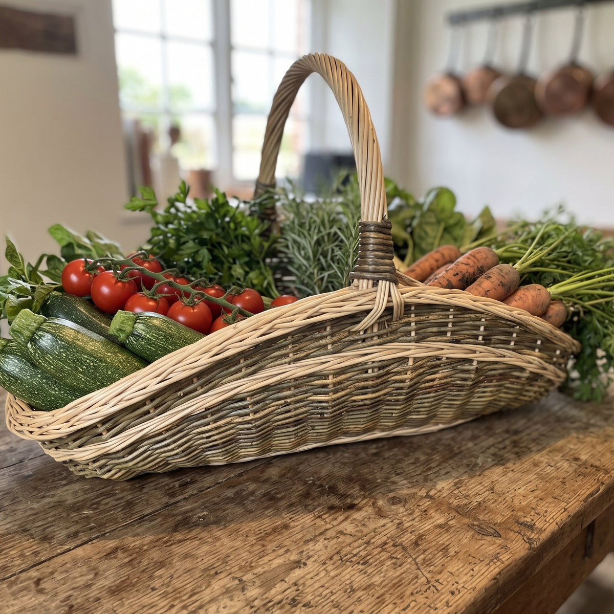 Extra large wicker garden trug filled with tomatoes, courgettes, carrots and fresh herbs on a rustic wooden kitchen table.