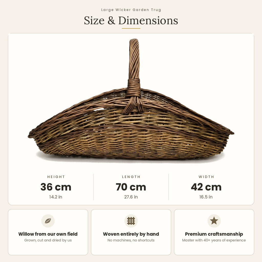 Didelės sodo pintinės matmenys: aukštis 36 cm, ilgis 70 cm, plotis 42 cm
