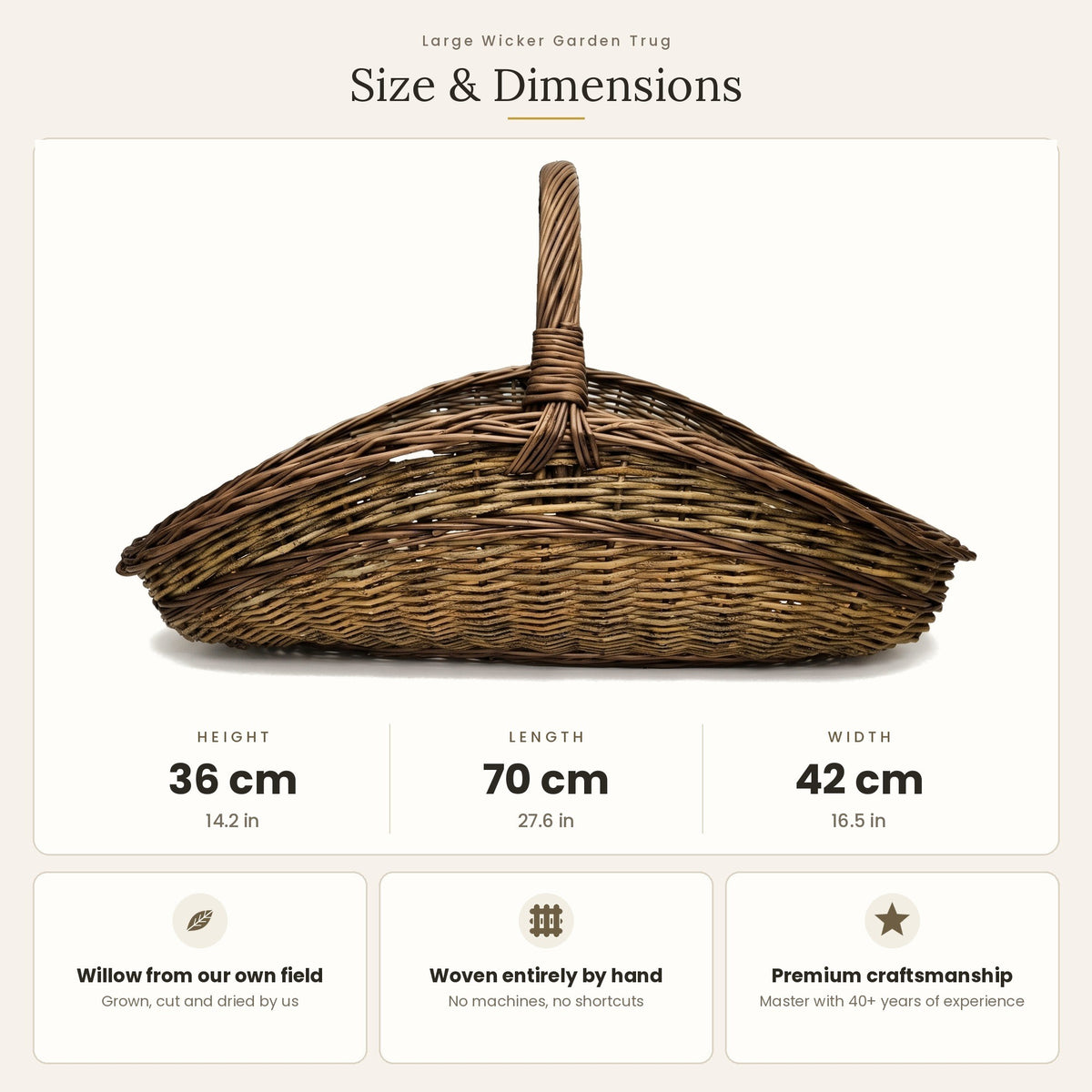Size chart for the large willow garden trug showing 36 cm height, 70 cm length and 42 cm width