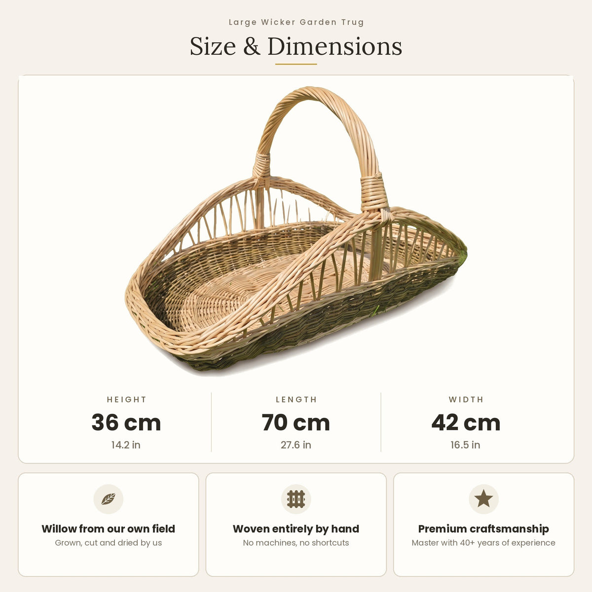 Size chart for the large willow garden trug showing 36 cm height, 70 cm length and 42 cm width