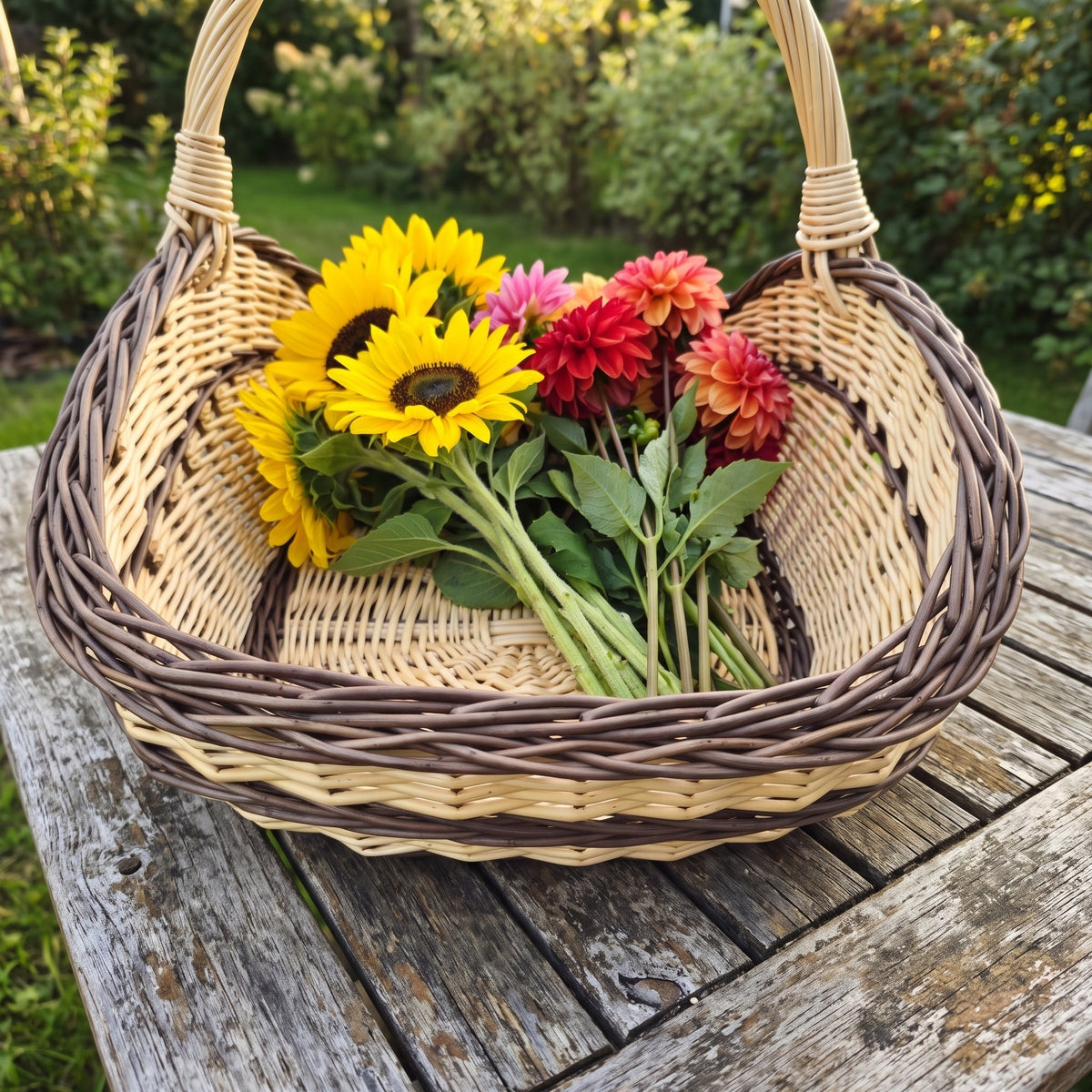 Large wicker flower trug holding freshly cut sunflowers and dahlias on a weathered wooden garden table.
