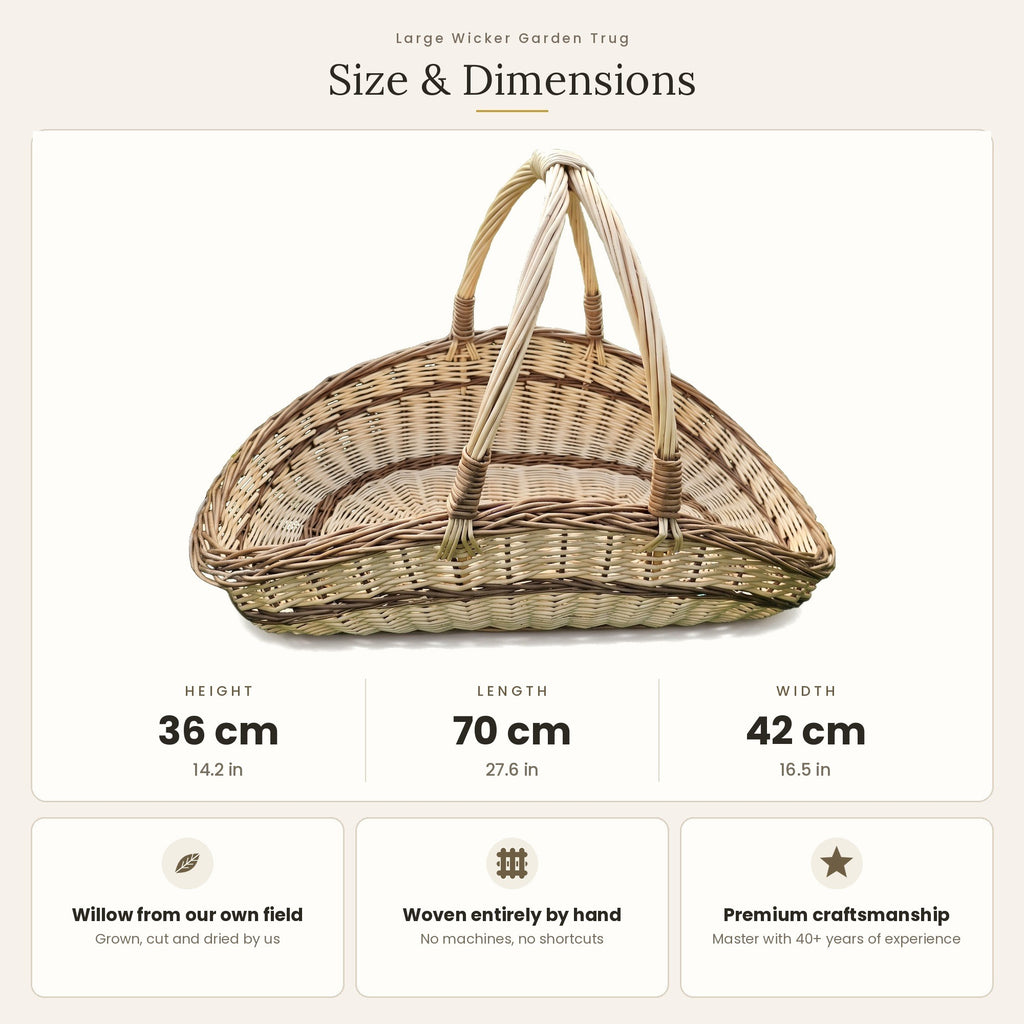 Size chart for the large handwoven willow garden trug with two handles showing 36 cm height, 70 cm length and 42 cm width