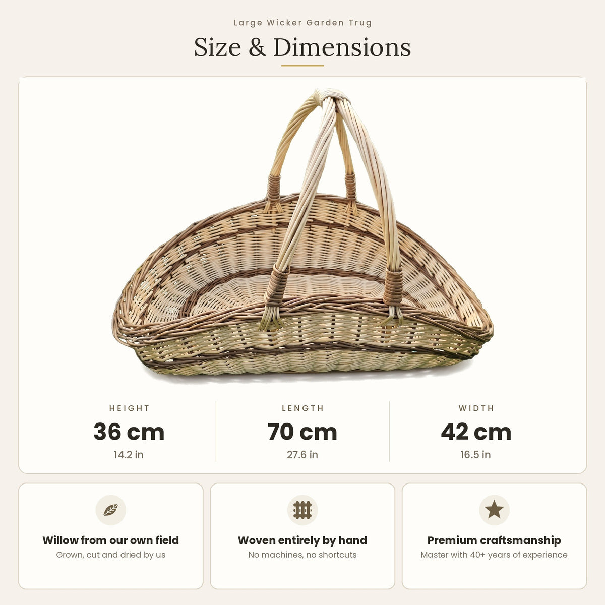 Size chart for the large handwoven willow garden trug with two handles showing 36 cm height, 70 cm length and 42 cm width