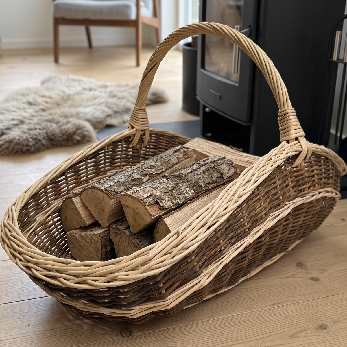 Extra large wicker trug basket with handle used as a firewood holder, filled with split logs on a wooden floor beside a wood stove.