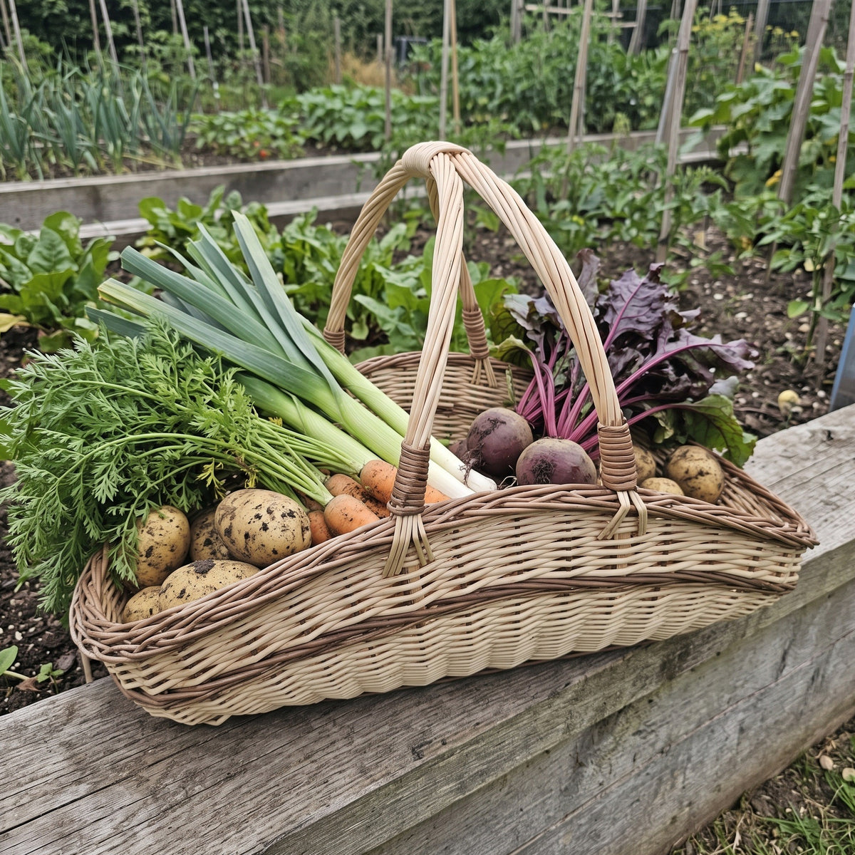 Willow harvest trug with two handles packed with leeks, potatoes, carrots and beetroot on the edge of a raised vegetable bed