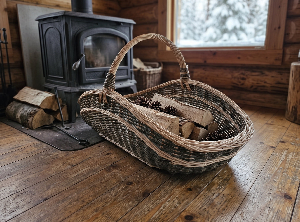 Extra large willow trug basket full of firewood logs and pine cones on the wooden floor of a log cabin next to a cast iron stove.