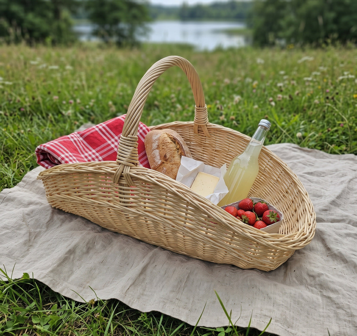 Gartenkorb aus Weide als Picknickkorb mit Brot, Käse, Erdbeeren und Limonade auf einem Leinentuch am See