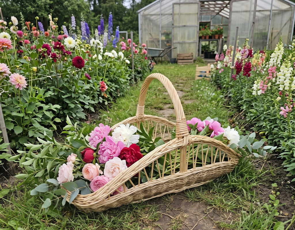 Willow cut flower trug filled with peonies and roses on the grass between rows of dahlias in a flower garden