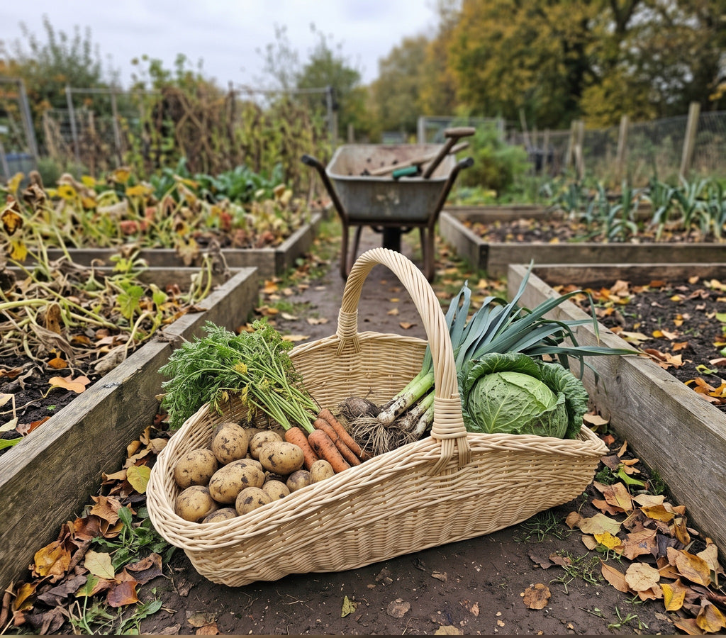Großer Erntekorb mit Henkel voller Kartoffeln, Möhren, Lauch und Kohl auf dem Weg zwischen Hochbeeten