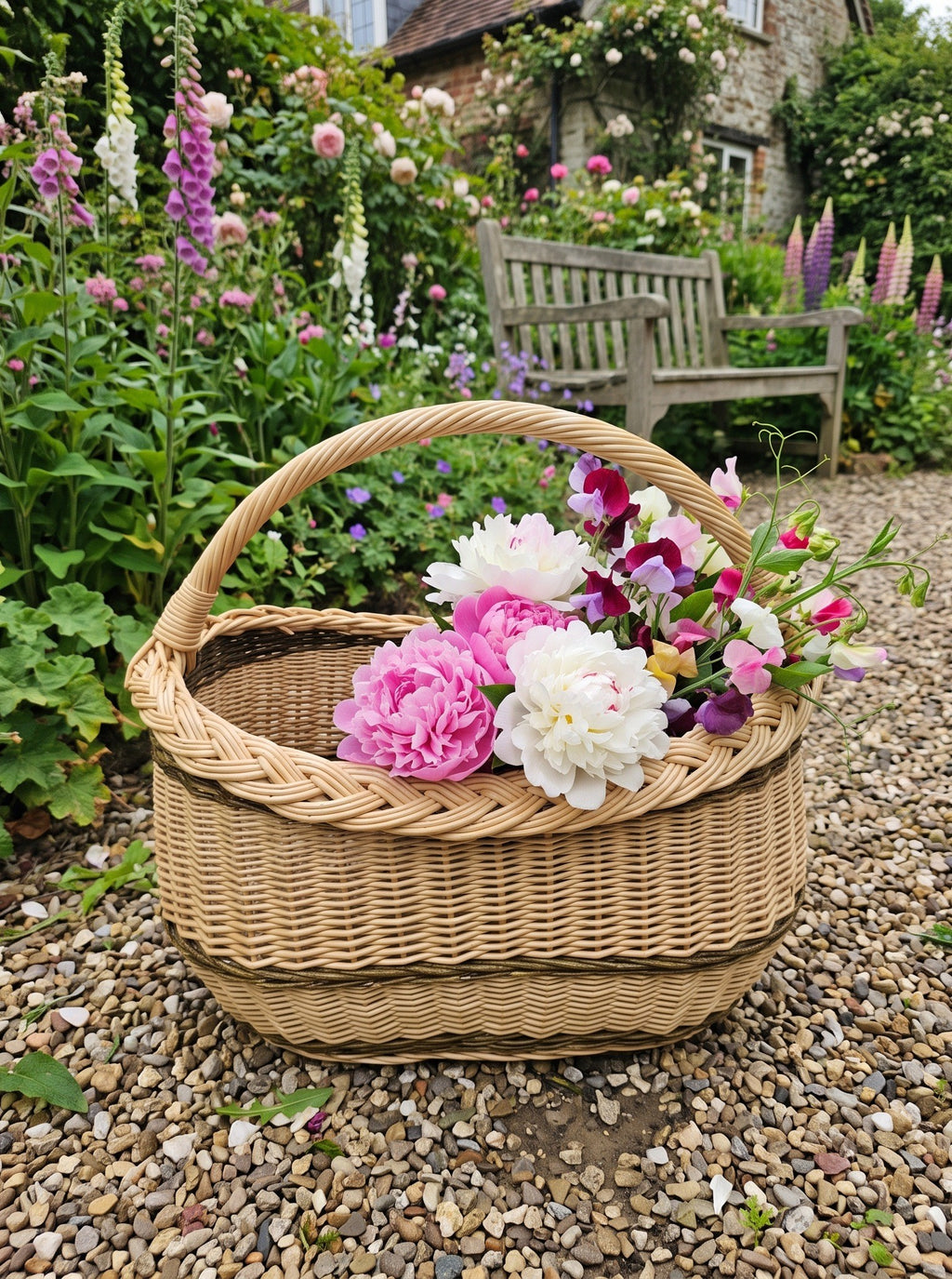 Oval wicker willow basket with an arched handle filled with peonies and garden flowers on a gravel path in a cottage garden by a bench.