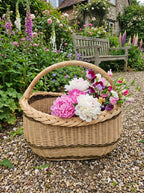 Oval wicker willow basket with an arched handle filled with peonies and garden flowers on a gravel path in a cottage garden by a bench.