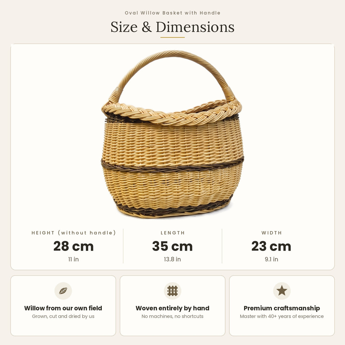 Size chart for the medium oval handwoven willow shopping basket showing 28 cm height without handle, 35 cm length and 23 cm width.
