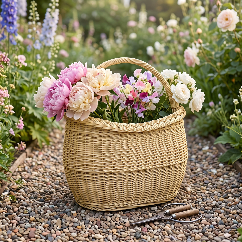 Medium wicker basket with handle overflowing with pink and white peonies on a pebble garden path, with pruning shears beside it.
