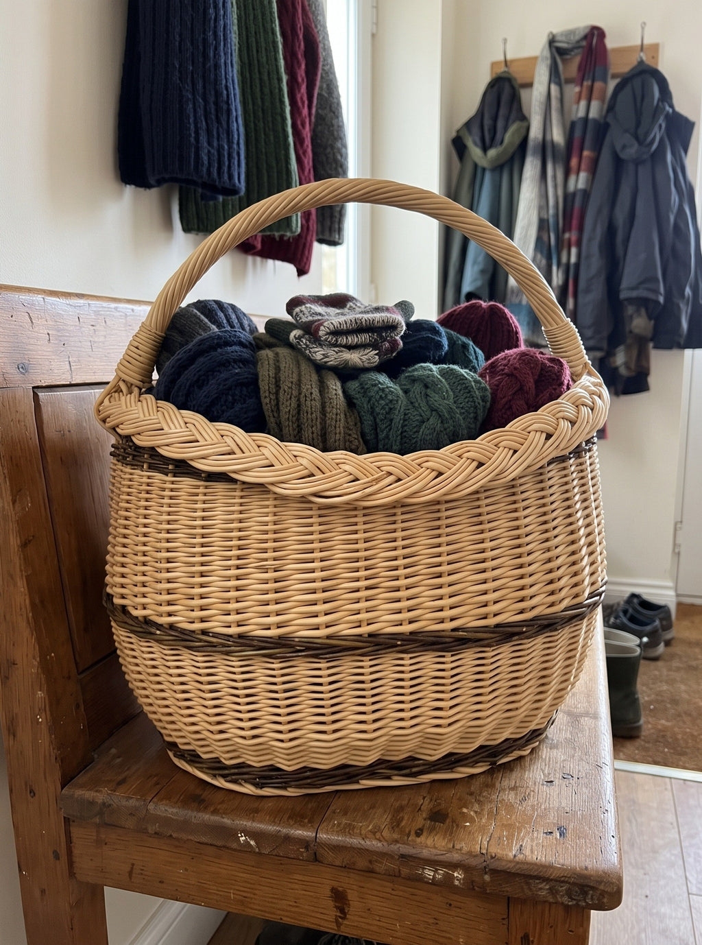 Oval willow basket with a braided rim filled with knitted hats and gloves on a bench in a hallway under hanging coats.