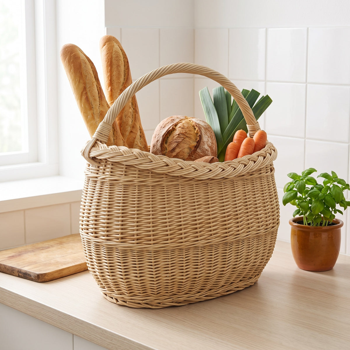 Willow grocery basket with an arched handle carrying baguettes, a loaf of bread, leeks and carrots on a bright kitchen worktop.