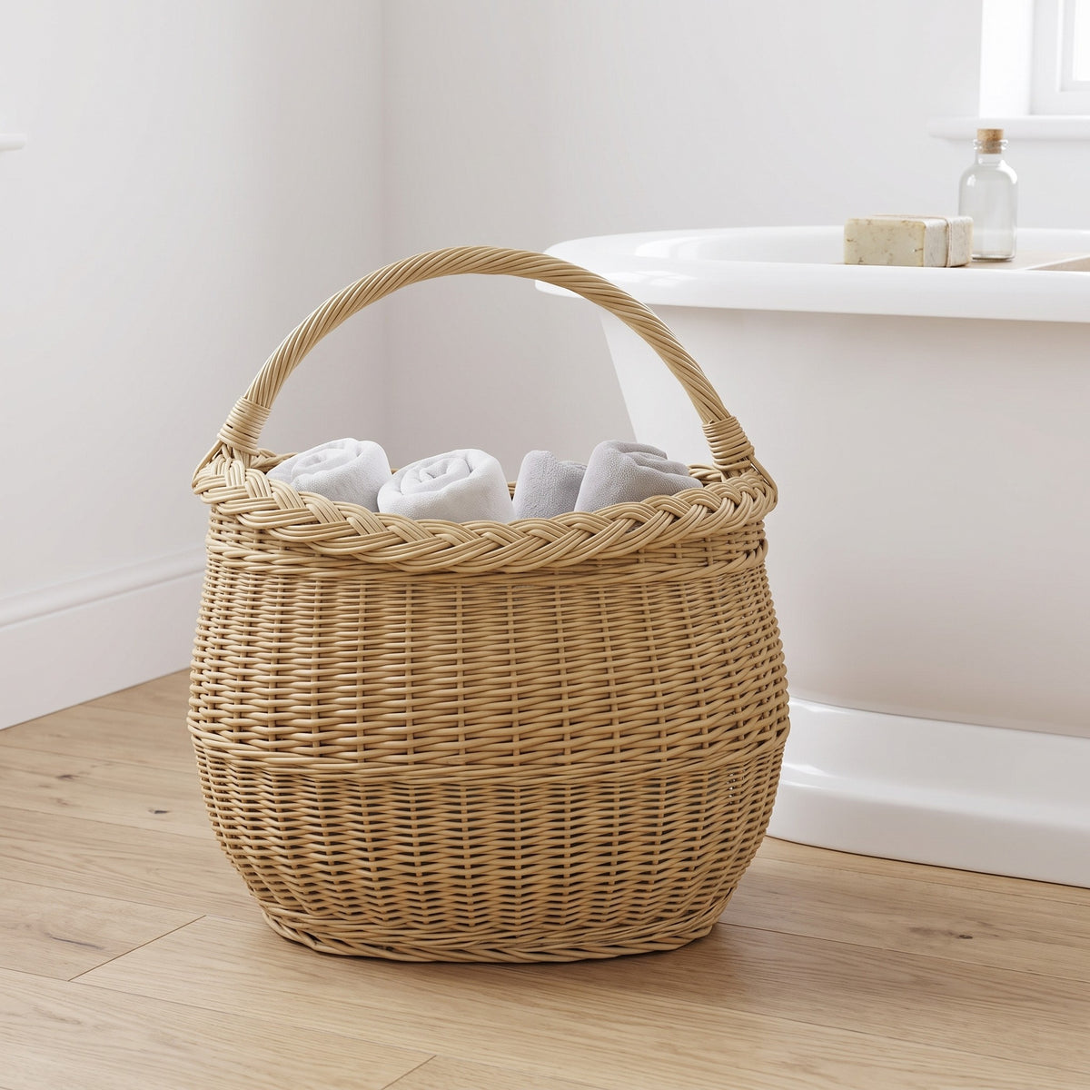 Medium handwoven wicker basket with a handle holding rolled white towels on a wooden floor beside a freestanding bath.
