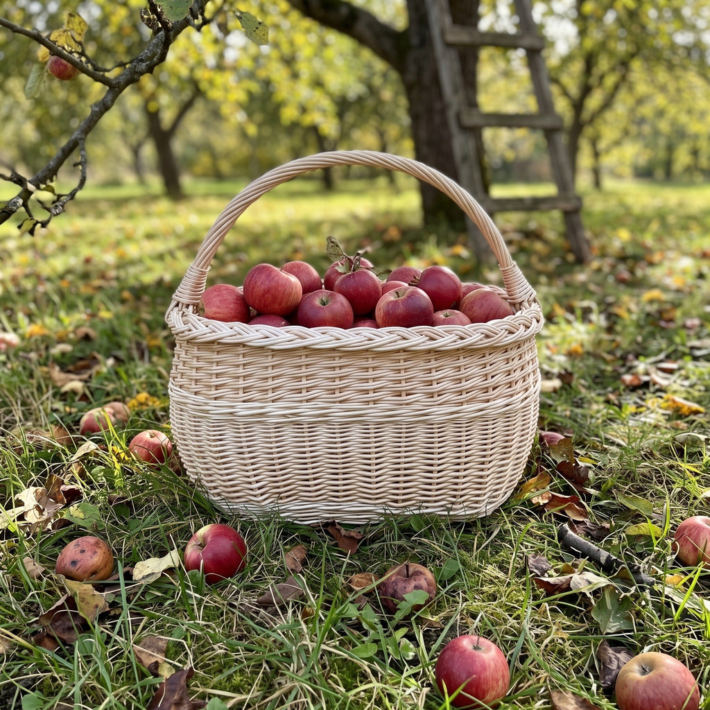 Handwoven willow harvest basket with handle filled with red apples on the grass in an autumn orchard, with a ladder behind