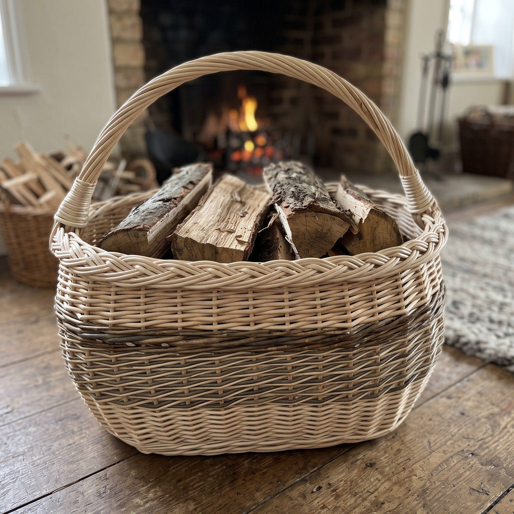 Large wicker kindling basket with handle filled with split firewood in front of a lit fireplace in a rustic living room