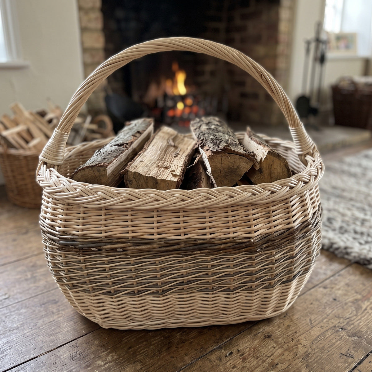 Large wicker kindling basket with handle filled with split firewood in front of a lit fireplace in a rustic living room