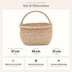 Size chart for the handwoven willow harvest basket with handle showing 37 cm height with handle, 38 cm length and 27 cm width