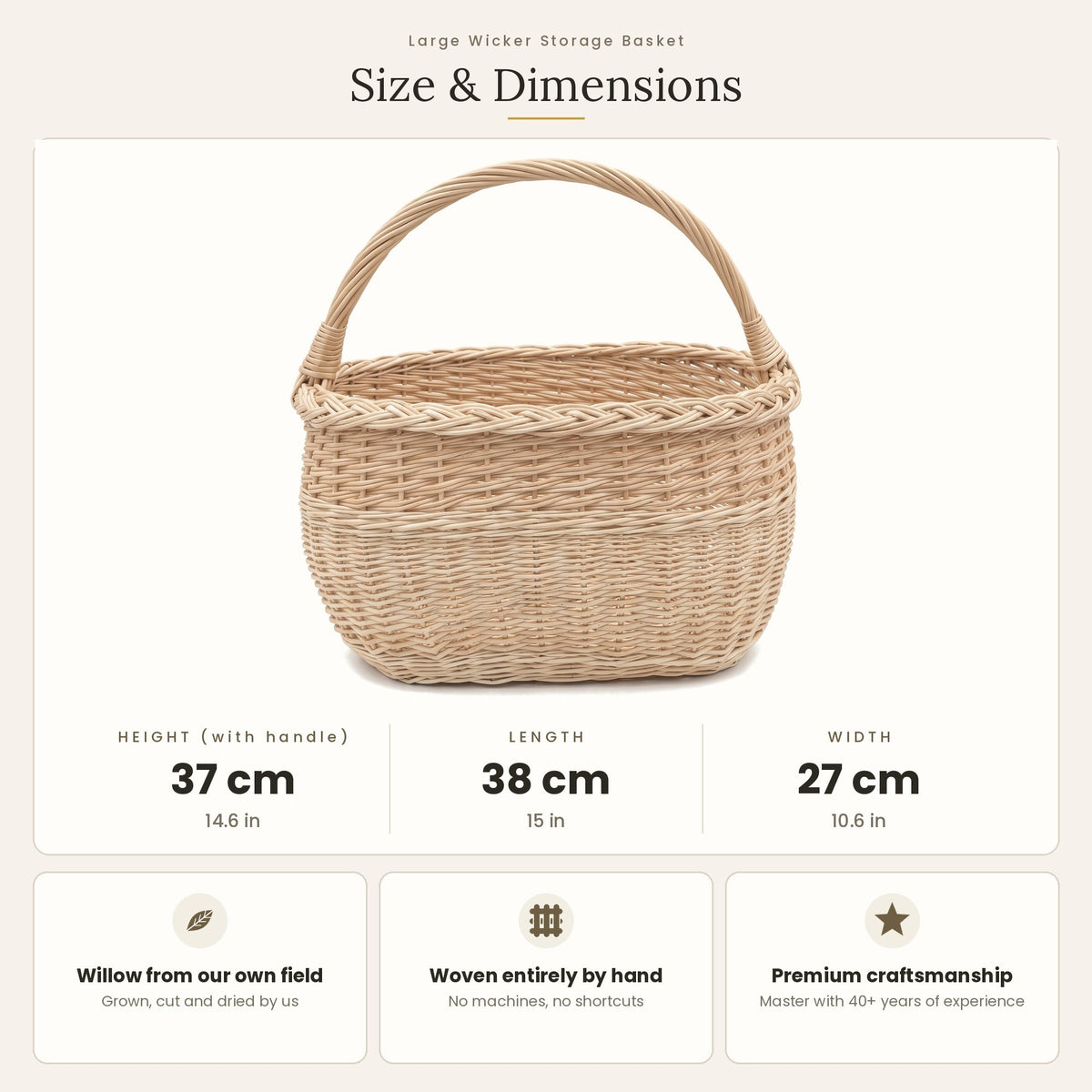 Size chart for the handwoven willow harvest basket with handle showing 37 cm height with handle, 38 cm length and 27 cm width