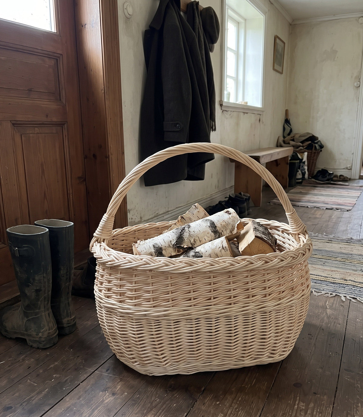Oval willow harvest basket with handle holding birch logs in a farmhouse entryway next to rubber boots and a coat rack