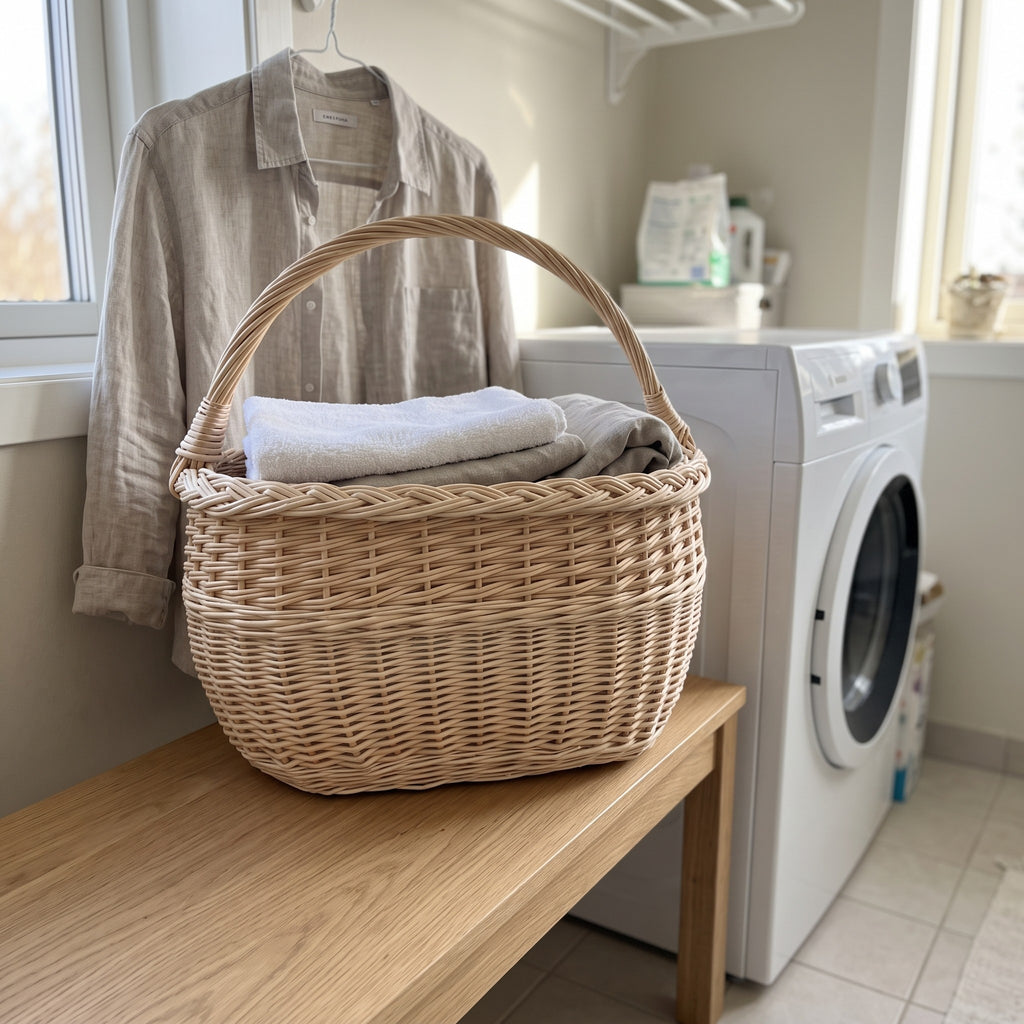 Willow harvest basket with handle used for folded laundry on a wooden bench next to a washing machine