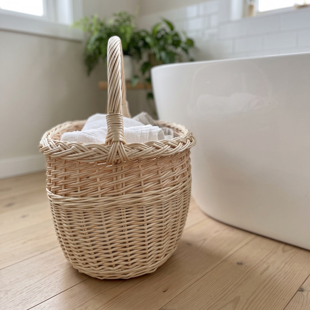 Handwoven wicker basket with a tall handle holding folded towels on a wooden floor beside a freestanding bathtub