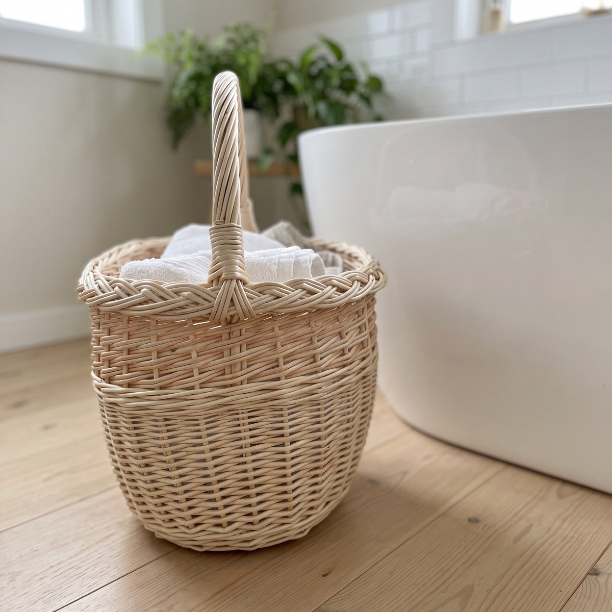 Handwoven wicker basket with a tall handle holding folded towels on a wooden floor beside a freestanding bathtub