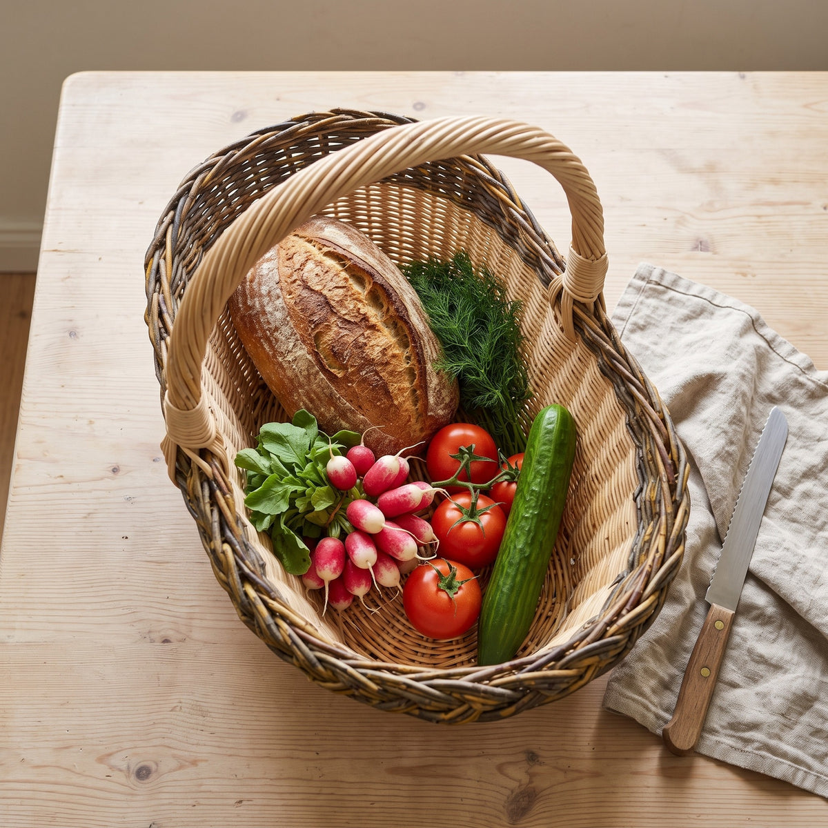 Oval willow market basket with a braided rim seen from above, holding sourdough bread, radishes, tomatoes, cucumber and dill on a table