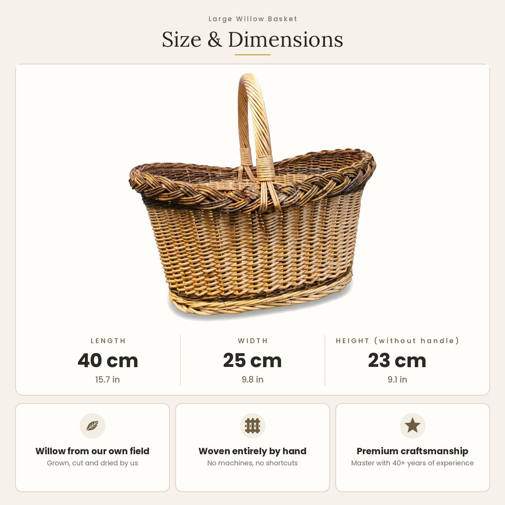 Size chart for the large oval wicker picnic basket showing 23 cm height without handle, 40 cm length and 25 cm width