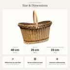 Size chart for the large oval wicker picnic basket showing 23 cm height without handle, 40 cm length and 25 cm width