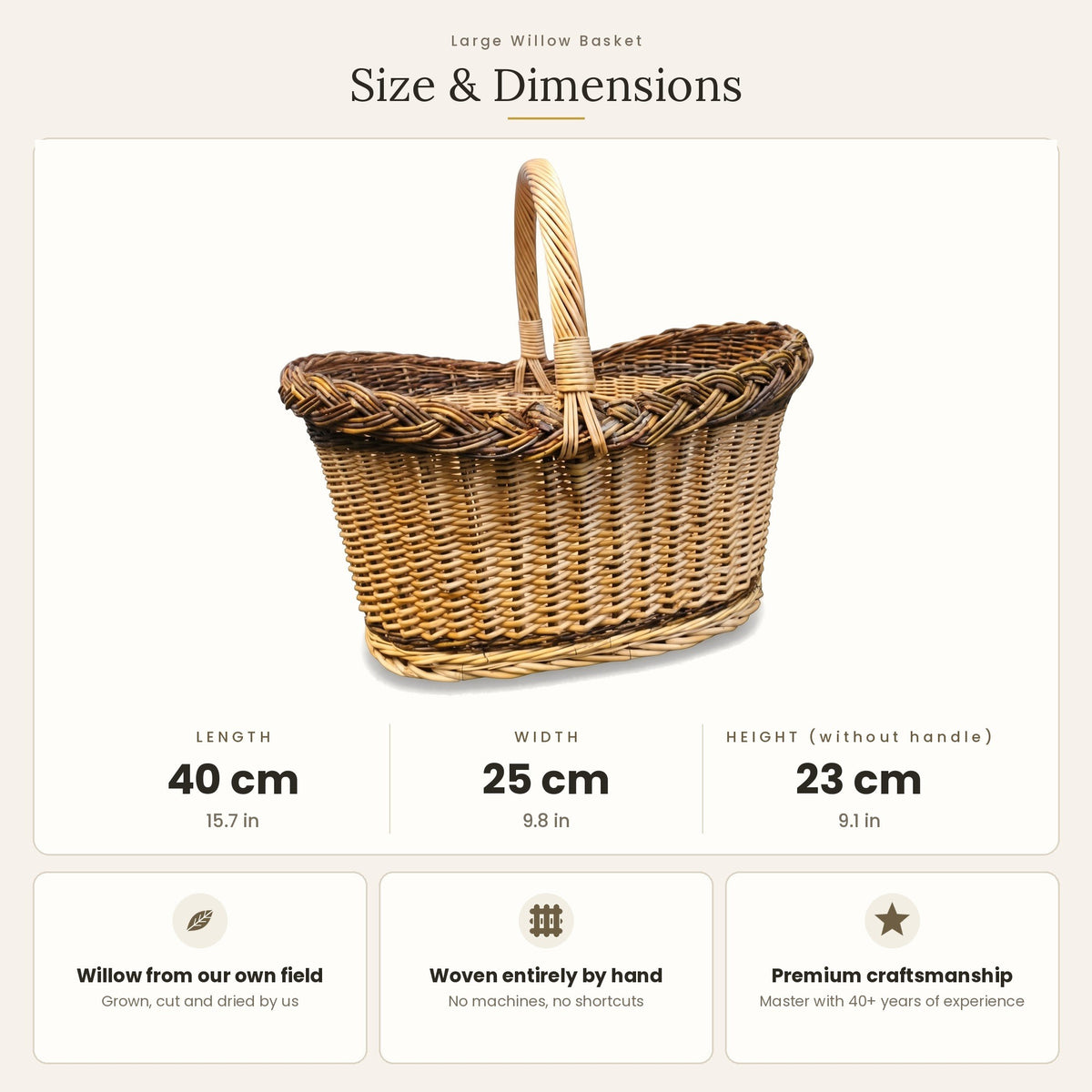 Size chart for the large oval wicker picnic basket showing 23 cm height without handle, 40 cm length and 25 cm width
