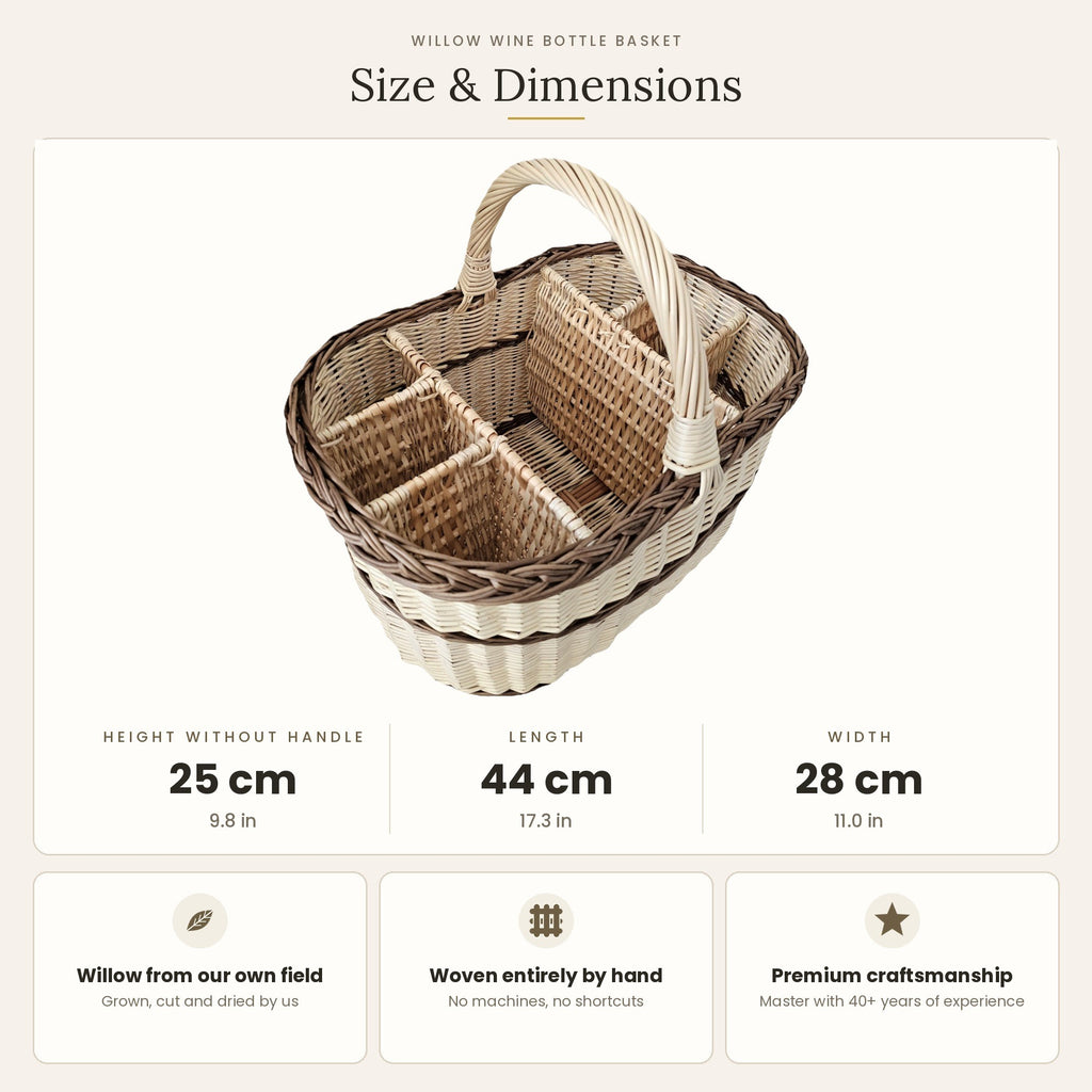 Size chart for the willow wine bottle basket showing 25 cm height without handle, 44 cm length and 28 cm width.