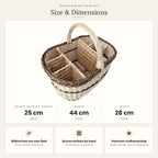 Size chart for the willow wine bottle basket showing 25 cm height without handle, 44 cm length and 28 cm width.