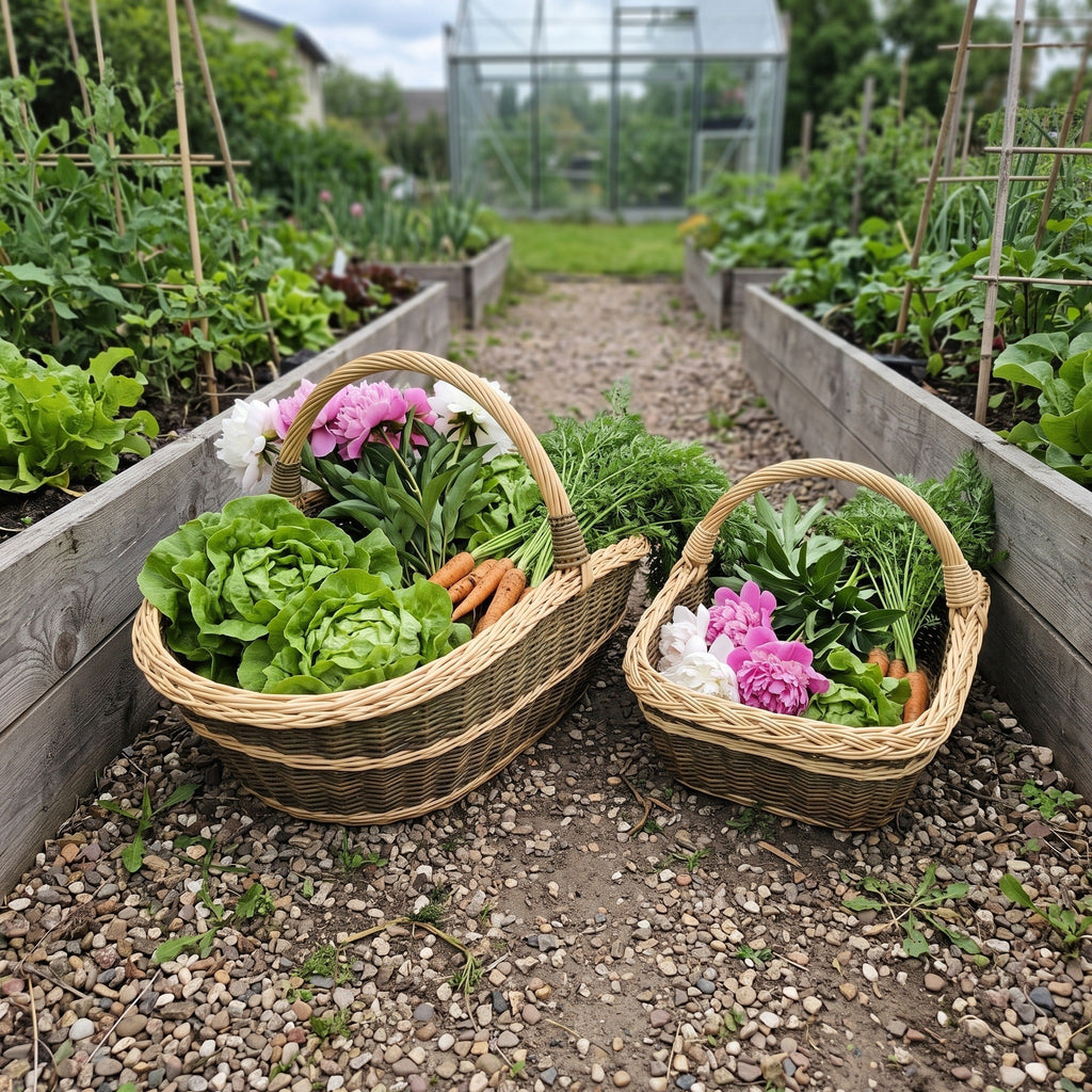 Set of two handwoven willow garden trugs with arched handles, filled with lettuce, carrots and peonies on a gravel path between raised vegetable beds