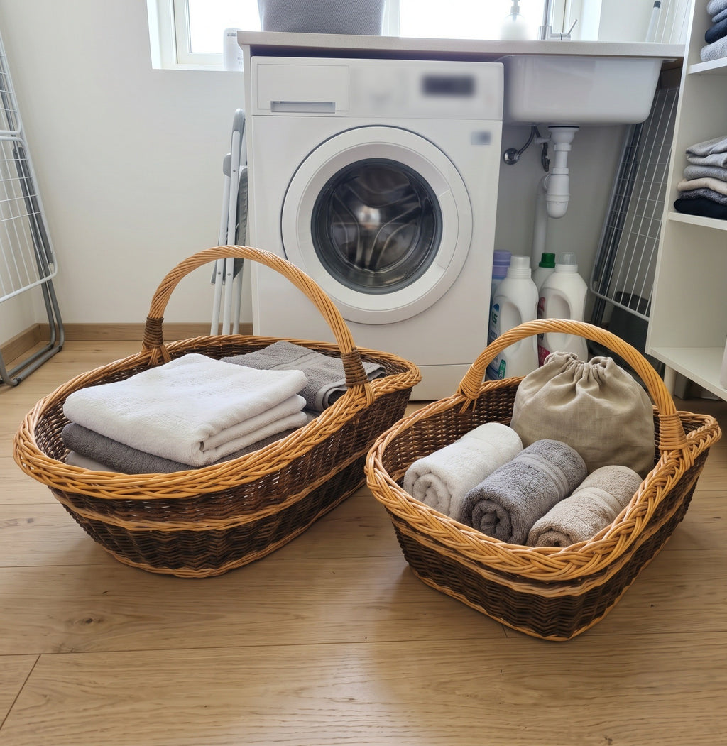 Two nesting wicker baskets with handles used as laundry room storage, holding folded towels and linen next to a washing machine