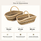 Size chart for the handwoven willow garden trug set of 2 showing the larger basket at 74 cm length, 47 cm width and 38 cm height
