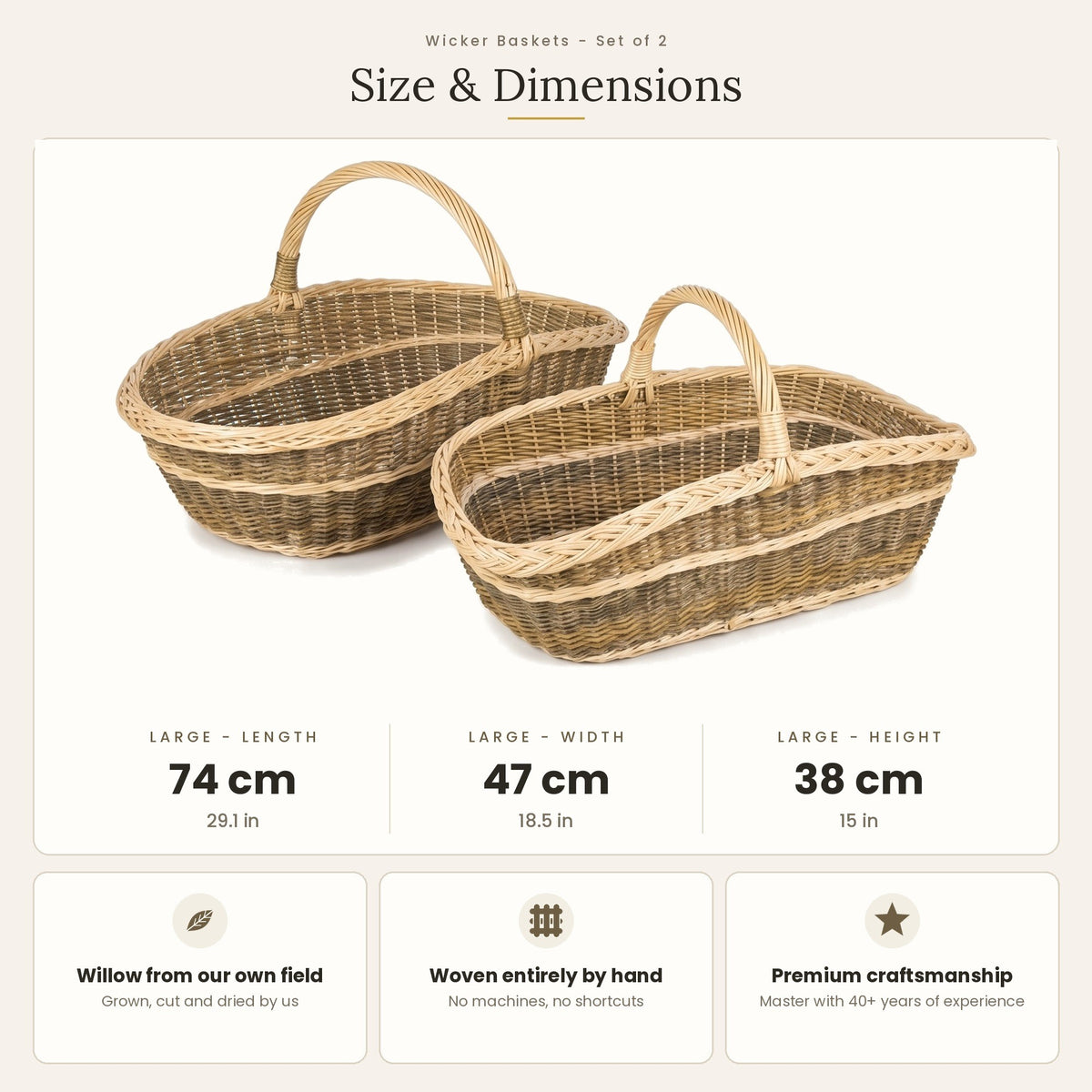 Size chart for the handwoven willow garden trug set of 2 showing the larger basket at 74 cm length, 47 cm width and 38 cm height