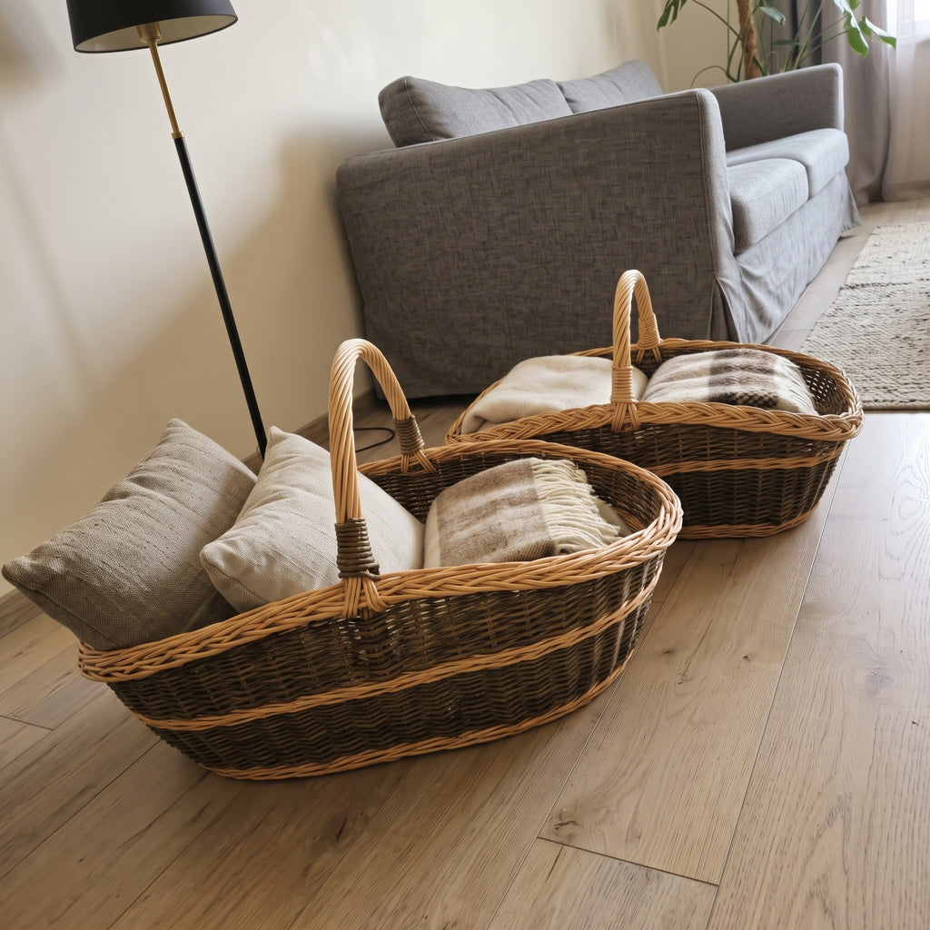 Pair of handwoven willow storage baskets with handles holding cushions and wool throws on a wooden floor beside a grey sofa in a living room