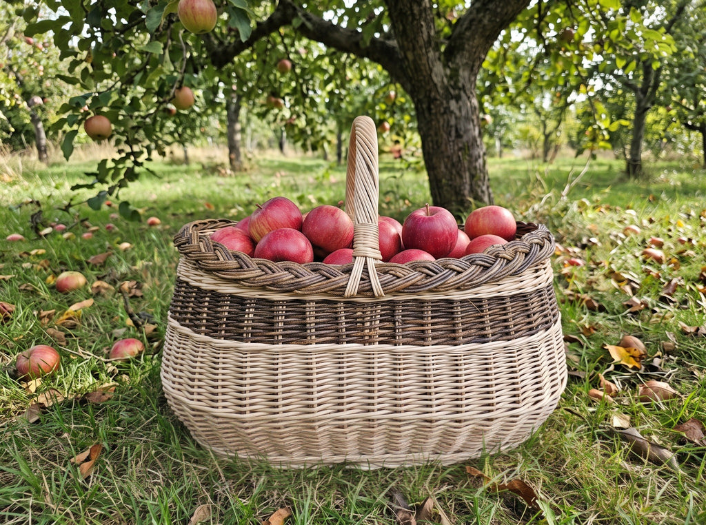 Large oval willow market basket with handle filled with red apples on the grass in an orchard, with fallen apples around