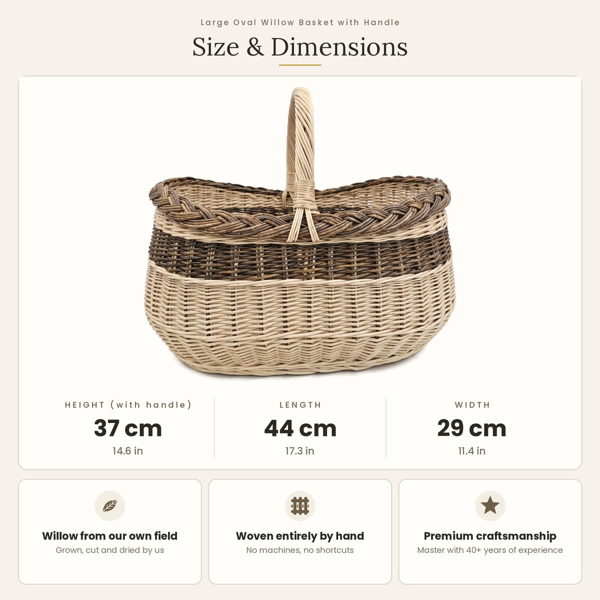 Size chart for the large oval willow shopping basket with handle showing 37 cm height with handle, 44 cm length and 29 cm width