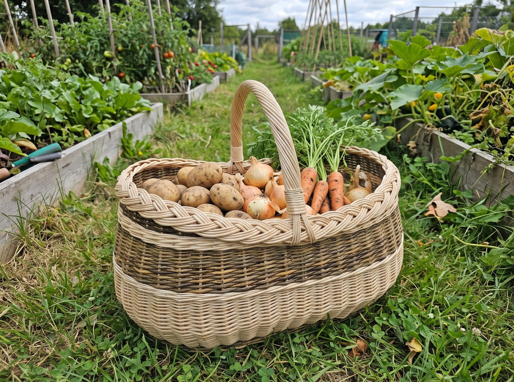 Large wicker harvest basket with handle full of potatoes, onions and carrots on the grass between raised vegetable beds