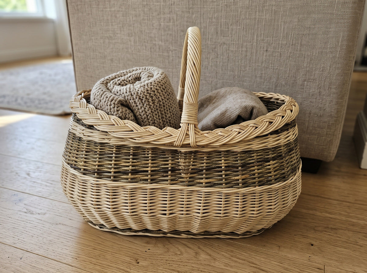 Large oval willow basket with handle holding folded knitted blankets on a wooden floor beside a sofa