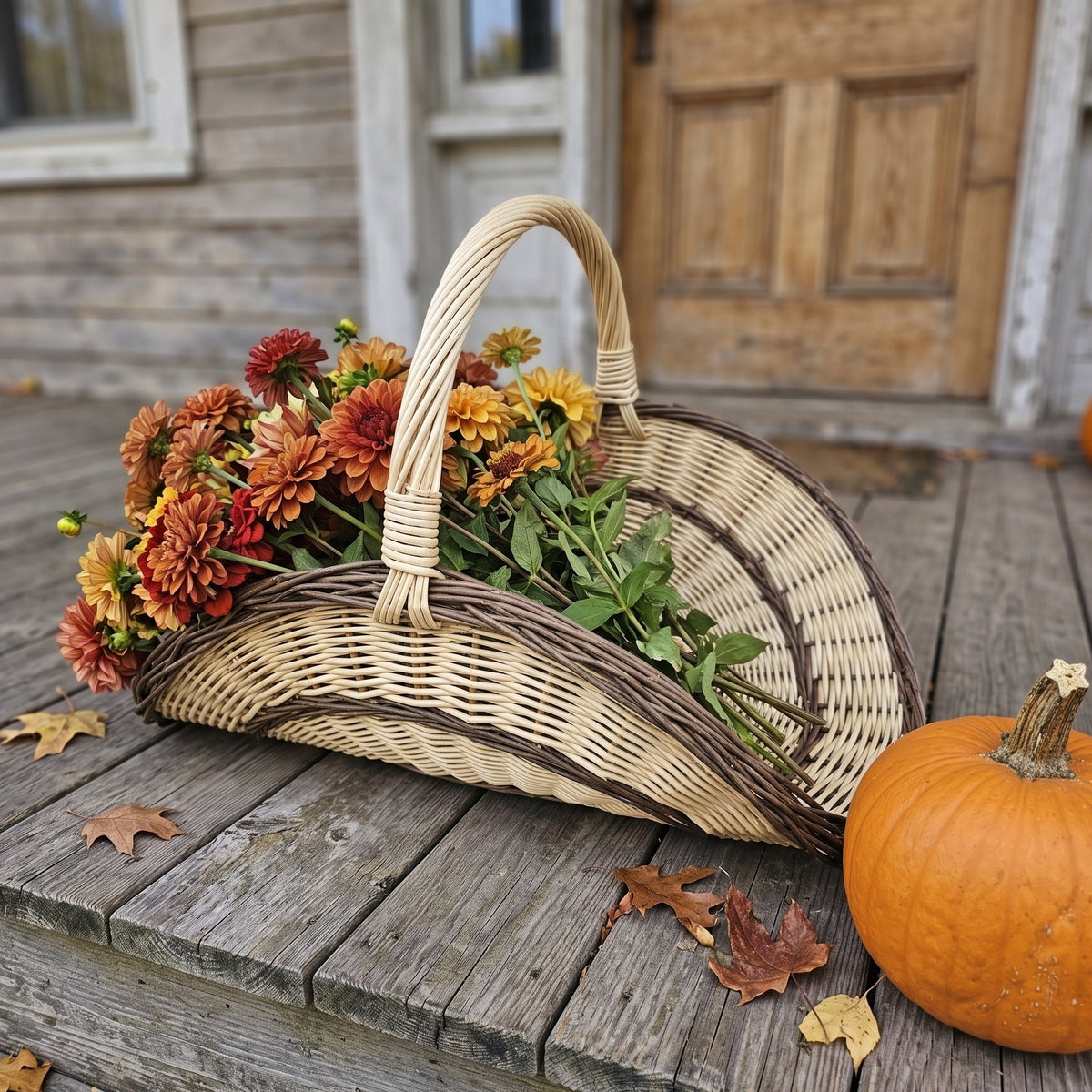 Large willow flower gathering trug with tall handle filled with zinnias and dahlias on a wooden porch beside a pumpkin